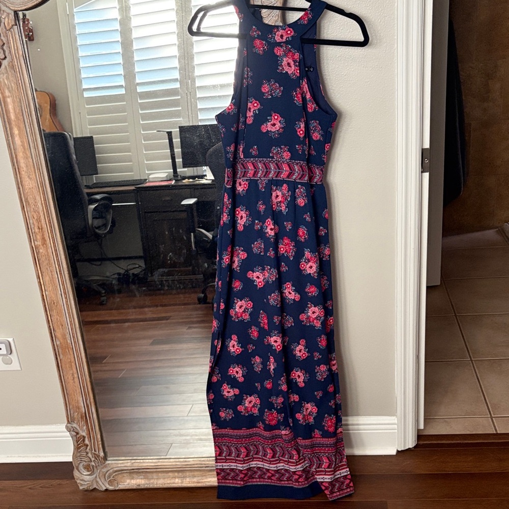 Navy Floral Halter Maxi Dress - Pink Print